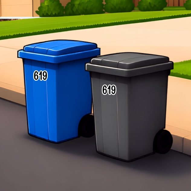 Trash and recycling bins at the curb with custom vinyl house number 619