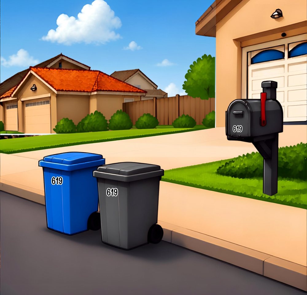 Curbside scene: two trash bins and a mailbox, each with matching custom vinyl house number 619