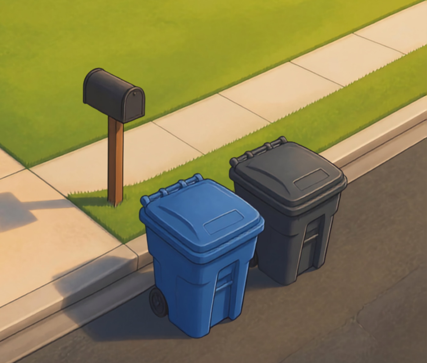 A curbside driveway with two wheeled bins and a mailbox, each showing your house number